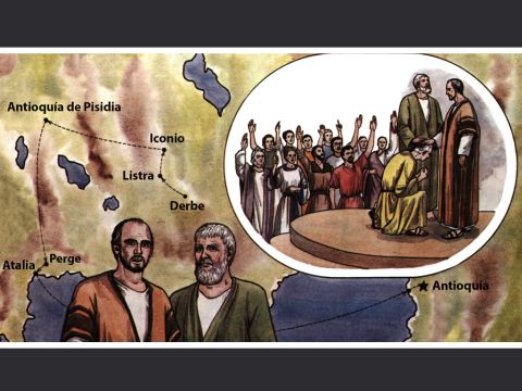 Luego regresaron a Listra, Iconio y Antioquía, fortaleciendo a los discípulos y animándolos a permanecer fieles a la fe.<br/>Pablo y Bernabé designaron ancianos para ellos en cada iglesia y, con oración y ayuno, los encomendaron al Señor, en quien habían puesto su confianza. – Número de diapositiva 11