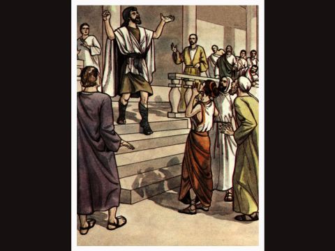 Pablo lo miró fijamente, vio que tenía fe para ser sanado y exclamó: “¡Levántate sobre tus pies!”. En ese momento, el hombre se levantó de un salto y comenzó a caminar. – Número de diapositiva 2