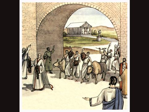 El sacerdote de Zeus, cuyo templo estaba justo fuera de la ciudad, trajo toros y coronas a las puertas de la ciudad porque él y la multitud querían ofrecerles sacrificios. – Número de diapositiva 4