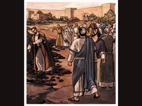 Entonces llegaron unos judíos de Antioquía y de Iconio, convencieron a la multitud, apedrearon a Pablo y lo arrastraron fuera de la ciudad, pensando que estaba muerto. – Número de diapositiva 7