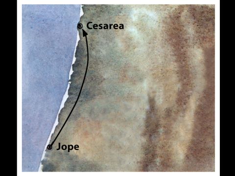 Un ángel le había dicho a un centurión romano llamado Cornelio, que vivía en Cesarea, que llamara a Pedro. Envió mensajeros a Jope, quienes encontraron a Pedro. Al día siguiente, Pedro salió con ellos de Jope. También asistieron algunos de los creyentes de Jope. – Número de diapositiva 1