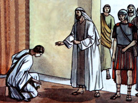 Al día siguiente Pedro llegó a Cesarea. Cornelio los esperaba y había convocado a sus familiares y amigos más cercanos.<br/>Cuando Pedro entró en la casa, Cornelio lo recibió y se postró a sus pies en reverencia. Pero Pedro le hizo levantarse. "Levántate", dijo, "yo mismo soy sólo un hombre". – Número de diapositiva 2