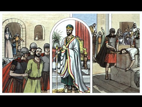 Por aquel tiempo el rey Herodes hizo arrestar a algunos miembros de la Iglesia con la intención de perseguirlos, y mandó matar a espada a Santiago, el hermano de Juan. – Número de diapositiva 1