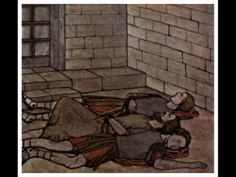 La noche antes de que Herodes lo llevara a juicio, Pedro estaba durmiendo entre dos soldados, atado con dos cadenas. – Número de diapositiva 5