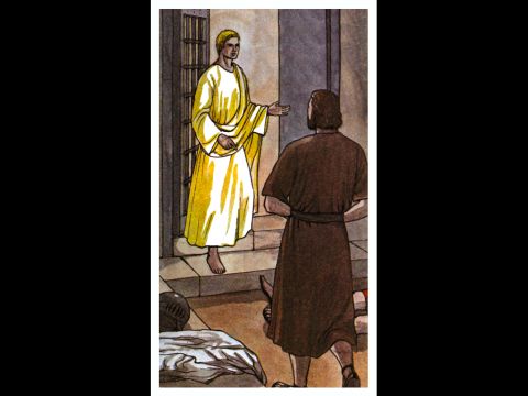 Entonces el ángel le dijo: “Vístete y ponte las sandalias”. Y Pedro así lo hizo.<br/>“Échate la capa en cima y sígueme”, le dijo el ángel. – Número de diapositiva 10