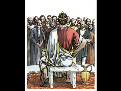 El día señalado, Herodes, vestido con sus ropas reales, se sentó en el trono y pronunció un discurso ante el pueblo, que gritaba: “Esta es la voz de un dios, no de un hombre”. – Número de diapositiva 15