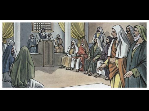 De Perge se dirigieron a Antioquía de Pisidia. El sábado entraron en la sinagoga y se sentaron.<br/>Después de la lectura de la Ley y de los Profetas, los jefes de la sinagoga mandaron a decirles: “Hermanos, si tenéis alguna palabra de exhortación para el pueblo, hablad, por favor.” – Número de diapositiva 4