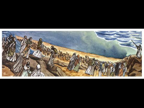 “El Dios del pueblo de Israel eligió a nuestros antepasados. Hizo que el pueblo prosperara durante su estancia en Egipto y con gran poder los sacó de ese país. Durante unos cuarenta años soportó su conducta en el desierto. Dios derrotó a siete naciones en Canaán y dio su tierra a su pueblo como herencia. Todo esto duró unos 450 años”. – Número de diapositiva 6