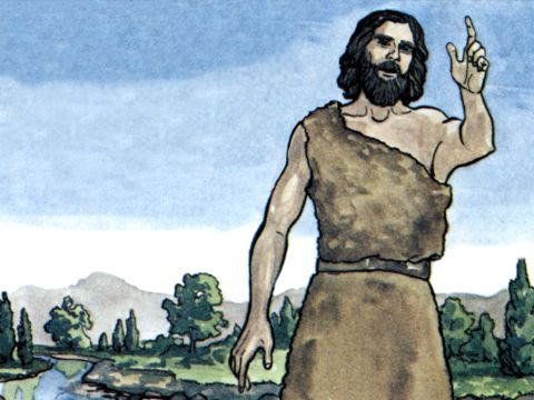 “Antes de la venida de Jesús, Juan predicó la conversión y el bautismo a todo el pueblo de Israel. Cuando Juan estaba terminando su obra, dijo: «¿Quién creen que soy yo? No soy yo a quien buscan. Pero viene uno detrás de mí, a quien no soy digno de desatarle las sandalias»”. – Número de diapositiva 10