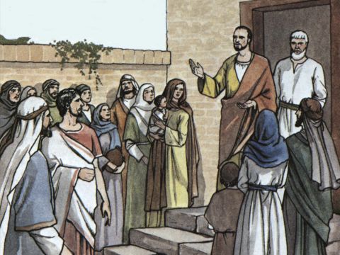 Cuando se despidió la congregación, muchos de los judíos y de los devotos conversos al judaísmo siguieron a Pablo y a Bernabé, quienes hablaron con ellos y los instaban a continuar en la gracia de Dios. – Número de diapositiva 18