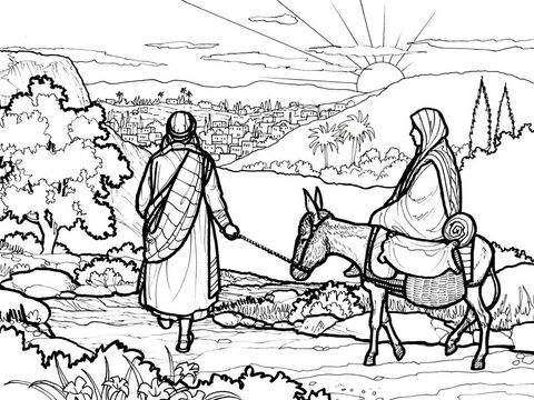María y José partieron hacia Belén.<br/>Lucas 2:1–7 – Número de diapositiva 2