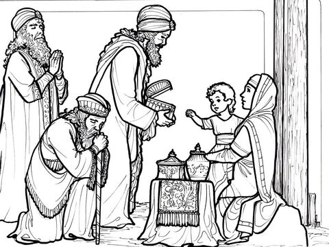 Los Reyes Magos de Oriente visitan a Jesús y le traen regalos.<br/>Mateo 2:1-12 – Número de diapositiva 5