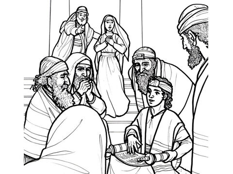 A la edad de 12 años, Jesús se encuentra en el templo asombrando a los maestros con su conocimiento.<br/>Lucas 2:41-52 – Número de diapositiva 6