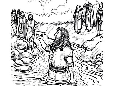 Jesús acude a Juan el Bautista que está bautizando a la gente en el río Jordán.<br/>Mateo 3:1-17, Marcos 1:1-11, Lucas 3:1-22, Juan 1:6-34 – Número de diapositiva 1