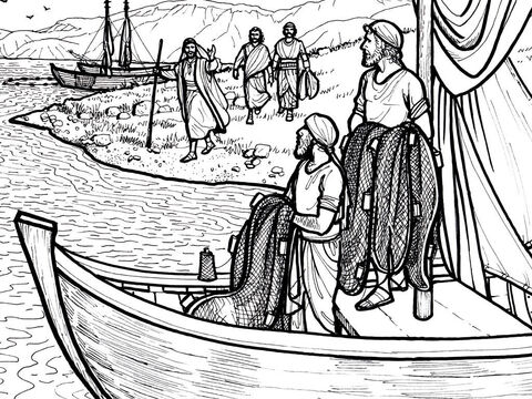 Jesús llama a cuatro pescadores, Andrés, Pedro, Santiago y Juan, para que sean sus discípulos.<br/>Mateo 4:18-22 – Número de diapositiva 2