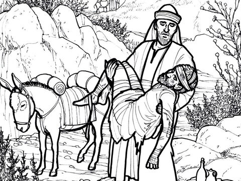 El buen samaritano ayuda a un judío que ha sido golpeado y robado.<br/>Lucas 10:25-37 – Número de diapositiva 7