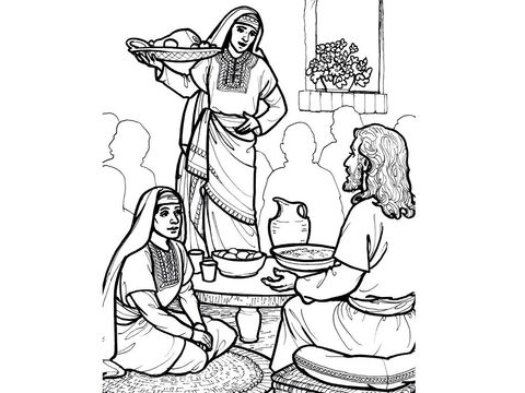 Marta trabaja mientras María se sienta y escucha a Jesús.<br/>Lucas 10:38-42 – Número de diapositiva 10