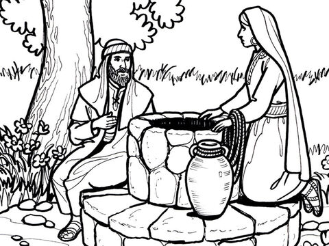 Jesús habla con una mujer samaritana que viene a sacar agua del pozo de Jacob.<br/>Juan 4:1-42 – Número de diapositiva 11