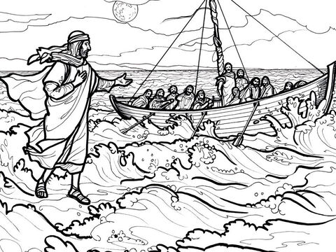 Jesús camina sobre el agua.<br/>Mateo 14:22-36, Marcos 6:45-56, Juan 6:16-24 – Número de diapositiva 1