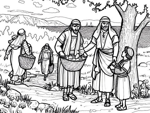 Jesús alimenta a 5.000 personas con cinco panes y dos peces.<br/>Mateo 14:13-22, Marcos 6:31-46, Lucas 9:10-17, Juan 6:1-13 – Número de diapositiva 2