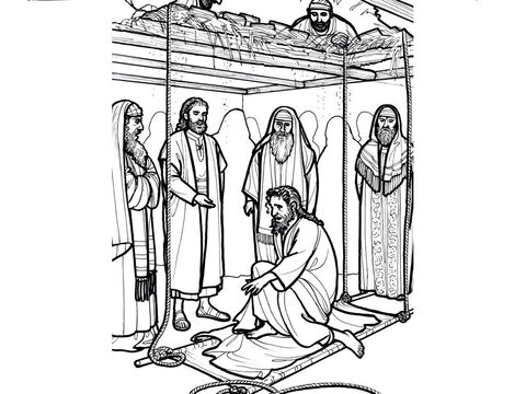 Un paralítico es bajado por el techo hacia Jesús.<br/>Lucas 5:17-26 – Número de diapositiva 4