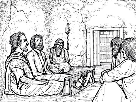 Pablo y Silas cantan alabanzas a Dios mientras están en prisión en Filipos. Hechos 16:16-40 – Número de diapositiva 10