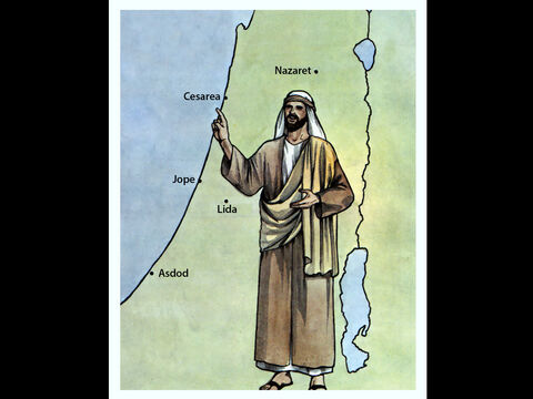 Felipe, sin embargo, apareció en Asoto y viajó predicando el evangelio por todas las ciudades hasta llegar a Cesarea. – Número de diapositiva 13