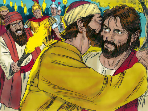 En ese momento llegó Judas con una multitud equipada con espadas y garrotes, enviada por los principales sacerdotes y otros líderes judíos. Judas había accedido a mostrarles quién era Jesús saludándolo con un beso. Los hombres agarraron a Jesús y lo arrestaron. – Número de diapositiva 10
