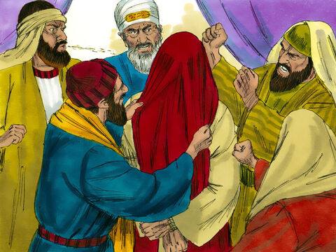 Algunos comenzaron a escupir a Jesús. Le vendaron los ojos, lo golpearon con los puños y dijeron: “¡Profetiza!” Y los guardias lo tomaron y lo golpearon. – Número de diapositiva 19