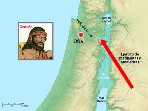 Poco después, los ejércitos de Madián, Amalec y la gente del este formaron una alianza contra Israel y cruzaron el Jordán y acamparon en el valle de Jezreel. – Número de diapositiva 12