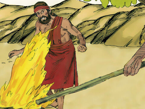 Entonces el Ángel del Señor tocó la carne y el pan con la punta de la vara en su mano, y el fuego brotó de la roca y consumió la carne y el pan. Entonces el Ángel del Señor desapareció. – Número de diapositiva 7
