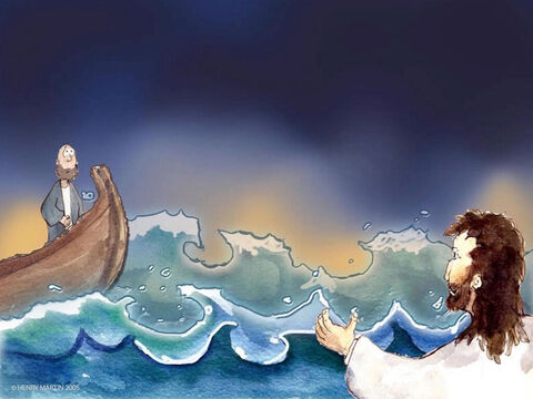 Respondiéndole Pedro, dijo: "Señor, si eres tú, mándame que vaya a ti sobre las aguas". Y Jesús le dijo: "Ven". – Número de diapositiva 9