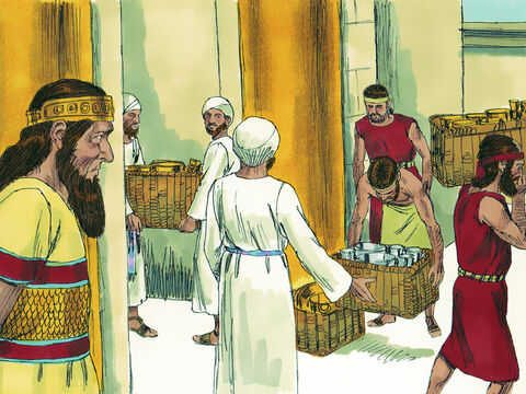 El rey de Asiria pidió un pago de trescientos talentos (11 toneladas) de plata y treinta talentos (1 tonelada) de oro. Entonces, Ezequías le dio toda la plata y el oro que había en los tesoros del palacio real y el templo. – Número de diapositiva 11