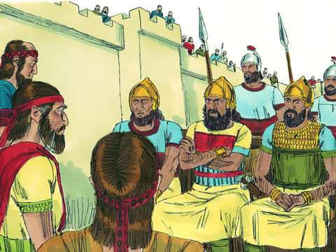 Eliaquim, hijo de Hilcías, mayordomo del palacio, Sebna, el secretario, y Joa, el hijo de Asaf, el cronista, fueron a hablar con ellos. Los asirios hablaban  en hebreo y en voz alta para que aquellos que estaban en los muros pudieran oírlos:<br/>–¡Ustedes dicen que están listos para la guerra, pero sus palabras carecen de sentido! ¿En quién confían que se rebelan contra mí?<br/>Los hombres de Ezequías les pidieron que no hablaran en hebreo ya que aquellos en Jerusalén podían oírlos, pero los asirios se negaron. – Número de diapositiva 14