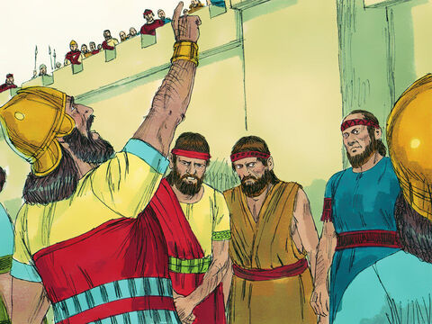 Gritaron:<br/>–El gran rey de Asiria dice: “No dejen que Ezequías los engañe. Él no puede salvarlos. No le crean cuando les dice que el Señor los rescatará. ¿Acaso algún dios ha sido capaz de detener al ejército asirio?”<br/>Aquellos que escuchaban en los muros permanecieron en silencio como se les había indicado. Los oficiales de Ezequías regresaron con sus vestimentas rasgadas en señal de aflicción para contarle al rey lo sucedido. – Número de diapositiva 15