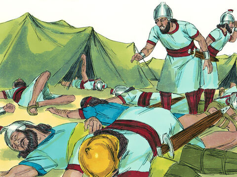 Esa noche, el ángel del Señor se presentó el en campamento asirio y mató 185.000 hombres. Cuando las personas se levantaron a la mañana siguiente, había cadáveres por todas partes. El Rey Senaquerib desarmó el campamento y se retiró a Nínive. – Número de diapositiva 20