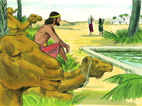 Hizo que los camellos se arrodillaran cerca del pozo en las afueras de la ciudad. Era el atardecer, la hora en que las mujeres salían para buscar agua. – Número de diapositiva 7
