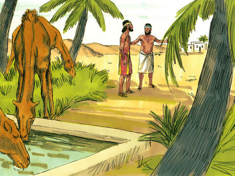 Rebeca corrió a su casa y su hermano Labán regresó para buscar al sirviente de Abraham y a los camellos. – Número de diapositiva 12