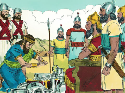 El Rey Menajem decidió no pelear contra los poderosos asirios, sino que les dio grandes cantidades de plata con la promesa de pagarles un tributo anual de dinero. – Número de diapositiva 5