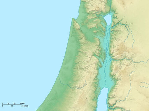 Mapa del norte de Israel que muestra el mar de Galilea y el río Jordán que fluye hacia el sur a través de la fosa tectónica. Al oeste se encuentra el mar Mediterráneo. – Número de diapositiva 1