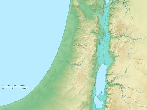 Mapa de Israel que muestra el lago de Galilea al norte y la región superior del mar Muerto al sur. Al oeste se encuentra el mar Mediterráneo. – Número de diapositiva 2