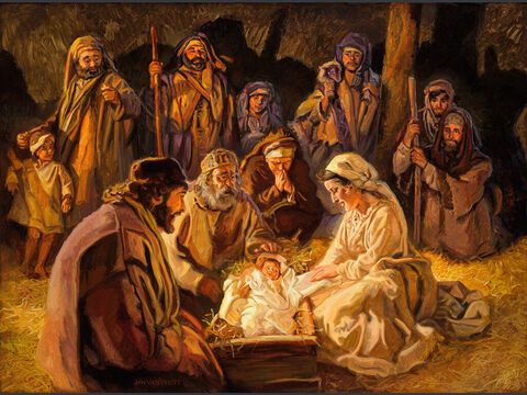 Adoración de los pastores.<br/>‘Así que fueron de prisa y encontraron a María y a José, y al niño que estaba acostado en el pesebre.’<br/>Lucas 2:16<br/>Texto completo: Lucas 2:8-20 – Número de diapositiva 4