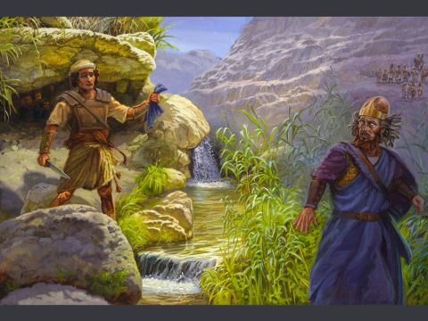 David perdona la vida a Saúl.<br/>Después se levantó también David y salió de la cueva, y llamó a Saúl: “¡Mi señor el rey!”<br/>1 Samuel 24:9<br/>Texto completo 1 Samuel 24 – Número de diapositiva 5