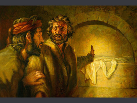 Pedro y Juan visitan la tumba vacía (2).<br/>“En ese momento entró también el otro discípulo, el que había llegado primero al sepulcro; y vio y creyó.”<br/>Juan 20:8<br/>Texto completo: Juan 20:1-10 – Número de diapositiva 11