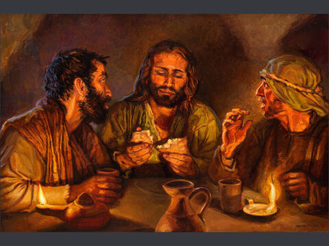 Viajando a Emaús (2).<br/>“Luego, estando con ellos a la mesa, tomó el pan, lo bendijo, lo partió y se lo dio. Entonces se les abrieron los ojos y lo reconocieron, pero Él desapareció.”<br/>Lucas 24:30-31<br/>Texto completo: Lucas 24:28-31 – Número de diapositiva 13