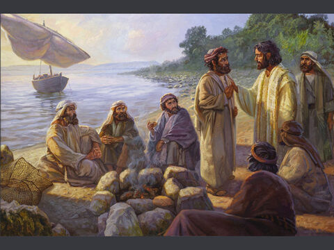 Conversación de Jesús con Pedro.<br/>“Cuando terminaron de desayunar, Jesús le preguntó a Simón Pedro:<br/>—Simón, hijo de Juan, ¿me amas más que estos?<br/>—Sí, Señor, tú sabes que te quiero —contestó Pedro.<br/>—Apacienta mis corderos —le dijo Jesús.”<br/>Juan 21:15<br/>Texto completo: Juan 21:15-19 – Número de diapositiva 15