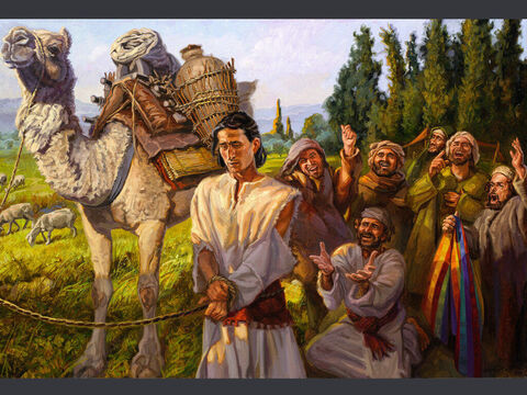 José vendido por sus hermanos.<br/>“Así que cuando los mercaderes madianitas se acercaron, sacaron a José de la cisterna y se lo vendieron a los ismaelitas por veinte monedas de plata. Fue así como se llevaron a José a Egipto.”<br/>Génesis 37:28<br/>Texto completo: Génesis 12:13-28 – Número de diapositiva 2