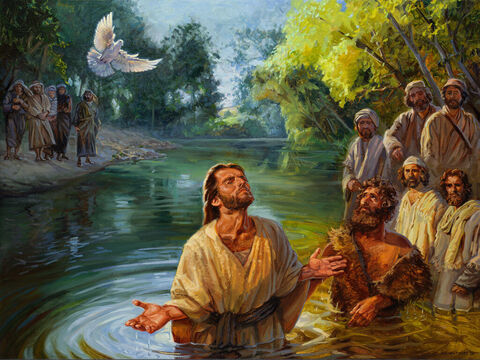 El bautismo de Jesús.<br/>“Tan pronto como Jesús fue bautizado, subió del agua. En ese momento se abrió el cielo, y Él vio al Espíritu de Dios bajar como una paloma y posarse sobre Él. Y una voz del cielo decía: «Este es mi Hijo amado; estoy muy complacido con Él».”<br/>Mateo 3:16<br/>Texto completo: Mateo 3:13-17 – Número de diapositiva 1