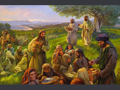 La alimentación milagrosa.<br/>“Jesús tomó los cinco panes y los dos pescados y, mirando al cielo, los bendijo. Luego partió los panes y se los dio a los discípulos para que se los repartieran a la gente. También repartió los dos pescados entre todos”<br/>Marcos 6:41<br/>Texto completo: Marcos 6:32-44 – Número de diapositiva 3