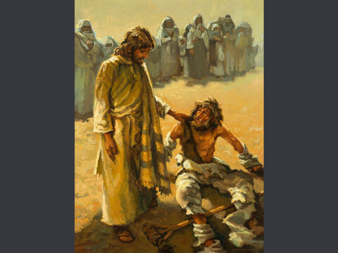 Curación de un hombre con lepra.<br/>“Un hombre que tenía lepra se le acercó, y de rodillas le suplicó:<br/>—Si quieres, puedes limpiarme.<br/>Movido a compasión, Jesús extendió la mano y tocó al hombre, diciéndole:<br/>—Sí, quiero. ¡Queda limpio! <br/>Al instante se le quitó la lepra y quedó sano.”<br/>Marcos 1:40-42 – Número de diapositiva 4